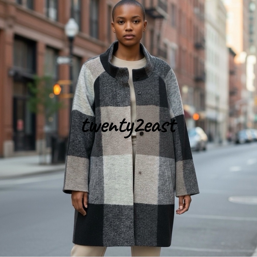 MAX STUDIO Women’s Wool Blend Patchwork Plaid Colorblock Pea Coat Size L